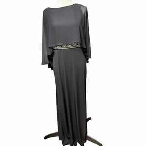 Melrose Black Cape Overlay Maxi Dress Beaded Waist Formal Evening Size 8